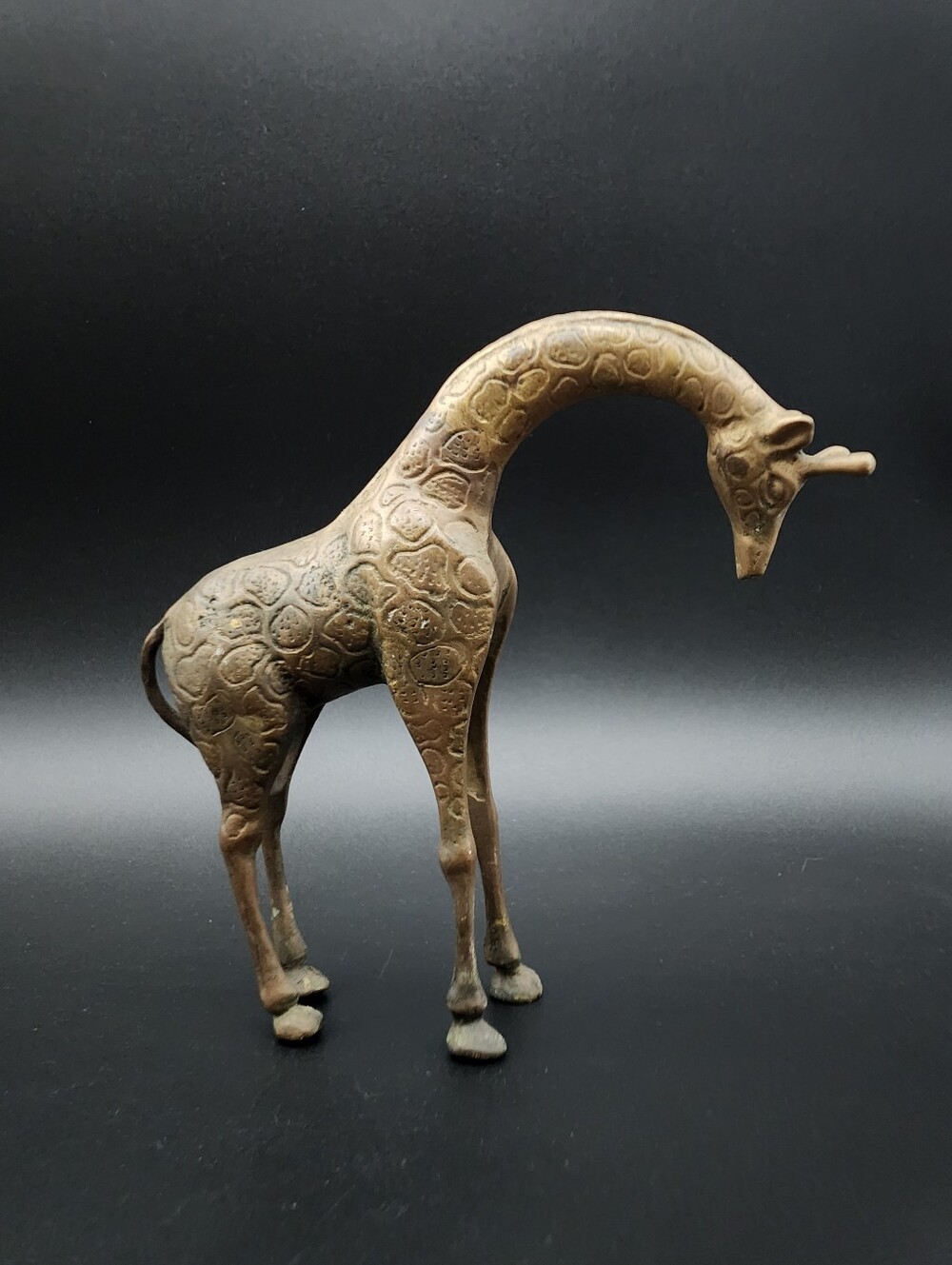 Vintage 1970s Solid Brass Giraffe Bending Neck Animal Figurine w/ Textured Spots